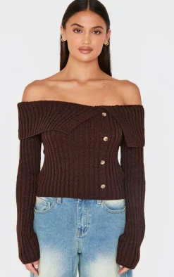 Chocolate Thick Rib Bardot Foldover Button Up Top