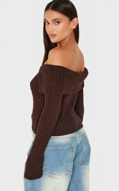 Chocolate Thick Rib Bardot Foldover Button Up Top