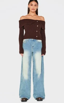 Chocolate Thick Rib Bardot Foldover Button Up Top