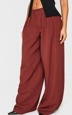 Chocolate Thin Waistband Pintuck Detail Tailored Woven Pants