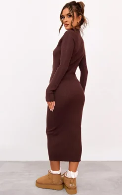 Chocolate Turtle Neck Knitted Bodycon Maxi Dress