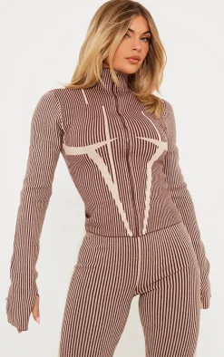 Chocolate Two Tone High Neck Zip Up Knit Cardigan