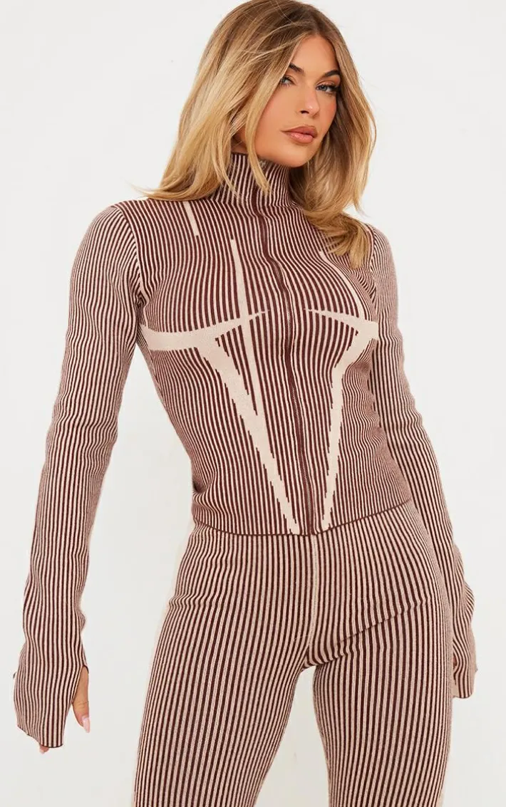 Chocolate Two Tone High Neck Zip Up Knit Cardigan