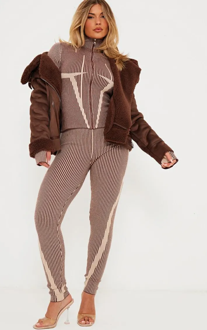 Chocolate Two Tone High Neck Zip Up Knit Cardigan