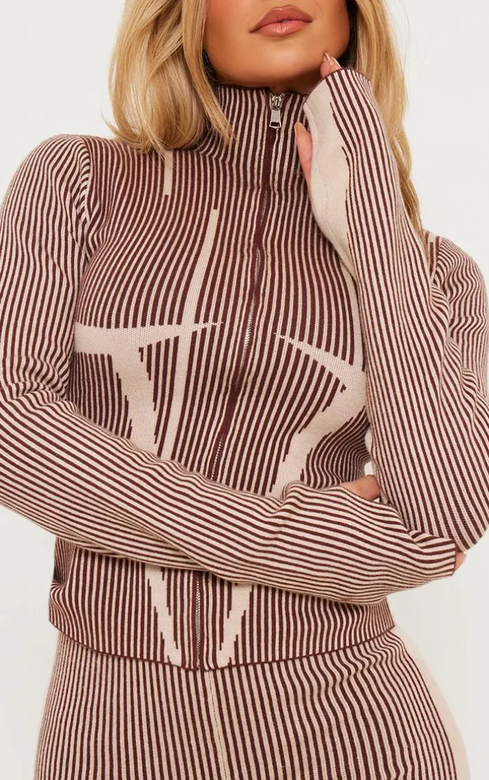 Chocolate Two Tone High Neck Zip Up Knit Cardigan