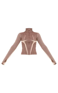 Chocolate Two Tone High Neck Zip Up Knit Cardigan