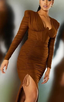 Chocolate Underwire Detail Ruched Mesh Midaxi Dress