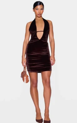 Chocolate Velvet Low Scoop Halter Neck Mini Dress