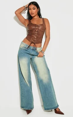 Chocolate Washed Faux Leather Lace Up Corset