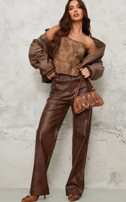 Chocolate Washed Faux Leather Dip Hem Corset