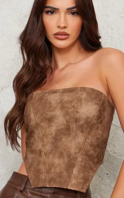 Chocolate Washed Faux Leather Dip Hem Corset
