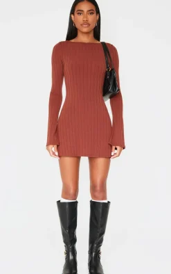 Chocolate Wide Rib Flared Sleeve Shift Dress
