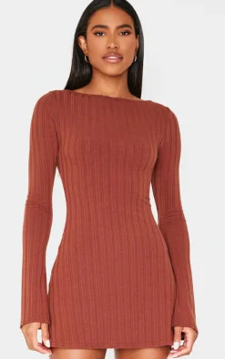 Chocolate Wide Rib Flared Sleeve Shift Dress