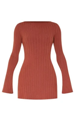 Chocolate Wide Rib Flared Sleeve Shift Dress