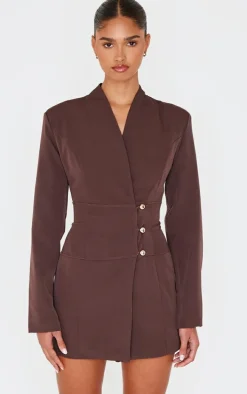 Chocolate Woven Button Detail Blazer Dress