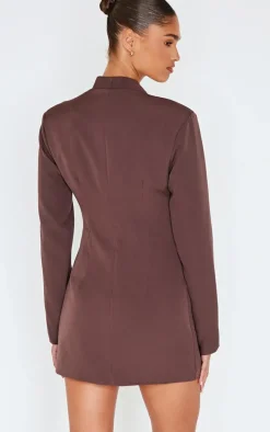 Chocolate Woven Button Detail Blazer Dress