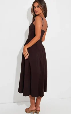 Chocolate Woven Corset Lace Detail Midi Dress