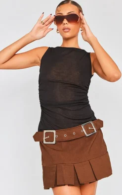 Chocolate Woven Double Buckle Pleated Micro Mini Skirt