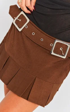 Chocolate Woven Double Buckle Pleated Micro Mini Skirt