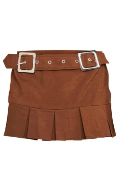 Chocolate Woven Double Buckle Pleated Micro Mini Skirt