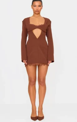 Chocolate Woven Lace Trim Detail Blazer Dress