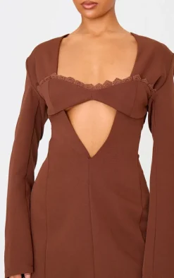 Chocolate Woven Lace Trim Detail Blazer Dress