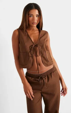 Chocolate Woven Tie Front Sleeveless Long Top