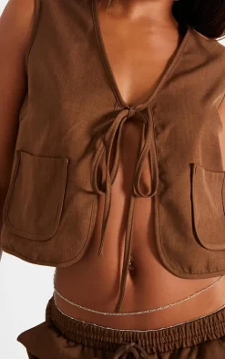 Chocolate Woven Tie Front Sleeveless Long Top