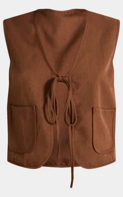 Chocolate Woven Tie Front Sleeveless Long Top
