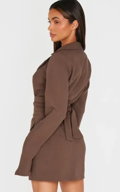 Chocolate Woven Wrap Belted Blazer Dress