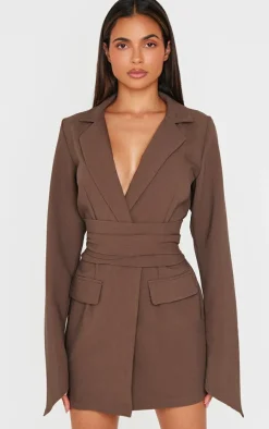 Chocolate Woven Wrap Belted Blazer Dress