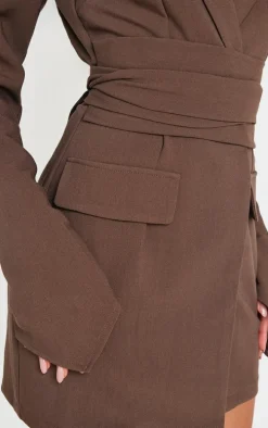 Chocolate Woven Wrap Belted Blazer Dress