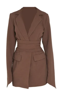 Chocolate Woven Wrap Belted Blazer Dress