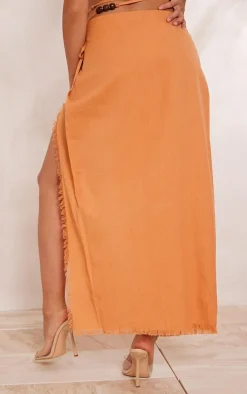 Clay Linen Feel Tie Side Bead Details Midi Skirt