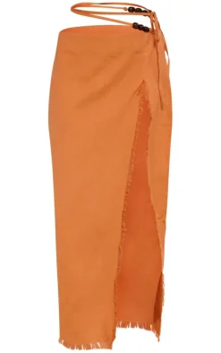 Clay Linen Feel Tie Side Bead Details Midi Skirt