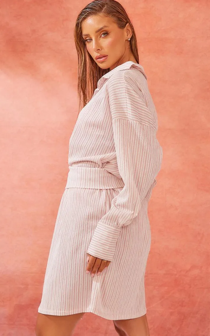 Clay Stripe Rib Tie Waist Oversized Beach Shirt Dress