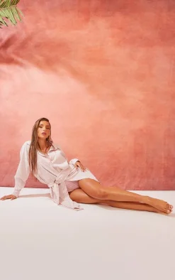 Clay Stripe Rib Tie Waist Oversized Beach Shirt Dress