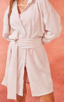 Clay Stripe Rib Tie Waist Oversized Beach Shirt Dress