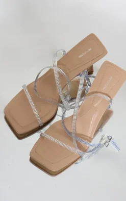 Clear PU Square Toe Diamante Strap Barely There Heeled Sandals