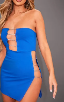 Cobalt Jersey Bandeau Diamante Trim Detail Bodycon Dress