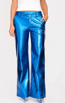 Cobalt Metallic Crocodile Faux Leather Pants