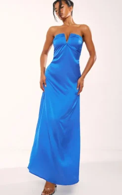 Cobalt Satin V Bar Floaty Bandeau Maxi Dress