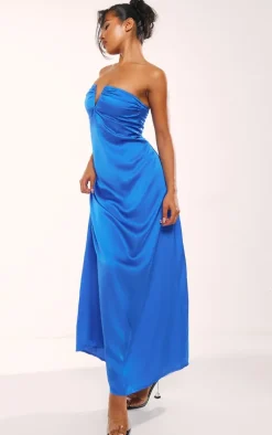 Cobalt Satin V Bar Floaty Bandeau Maxi Dress