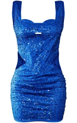 Cobalt Sequin Cut Out Cup Detail Thick Strap Bodycon Dress
