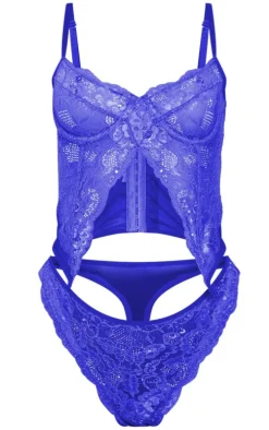 Cobalt Split Front Detail Lace Corset Lingerie Set