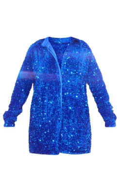 Cobalt Velvet Sequin Oversized Shirt Dress