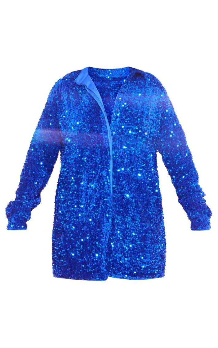 Cobalt Velvet Sequin Oversized Shirt Dress