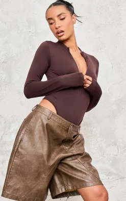 Coffee Contour Zip Up High Neck Bodysuit