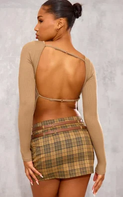 Coffee Snatched Rib Back Detail Long Sleeve Top