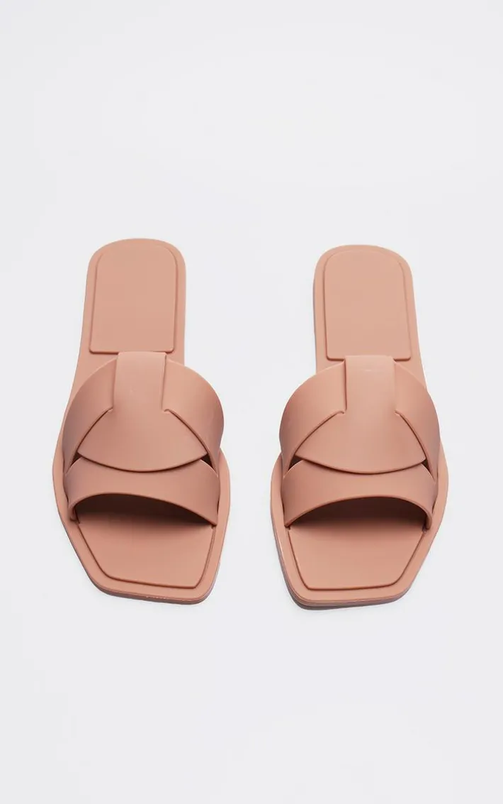 Coffee Square Toe Rubber Cross Strap Slides